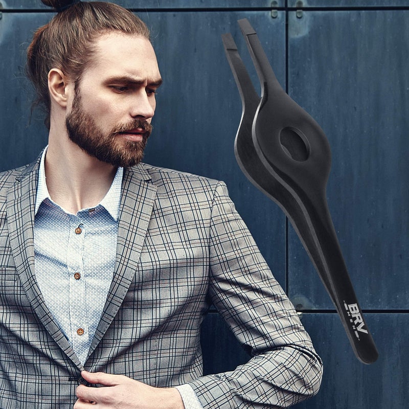 BRV MEN Wide Grip Slant Tweezers | Hand-Filed Slanted Tips for Ultra-Precision | Tweezers for Eyebrows & Nose/Ear/Facial Hair | Professional Tweezers for Women & Men - Black - Image 2